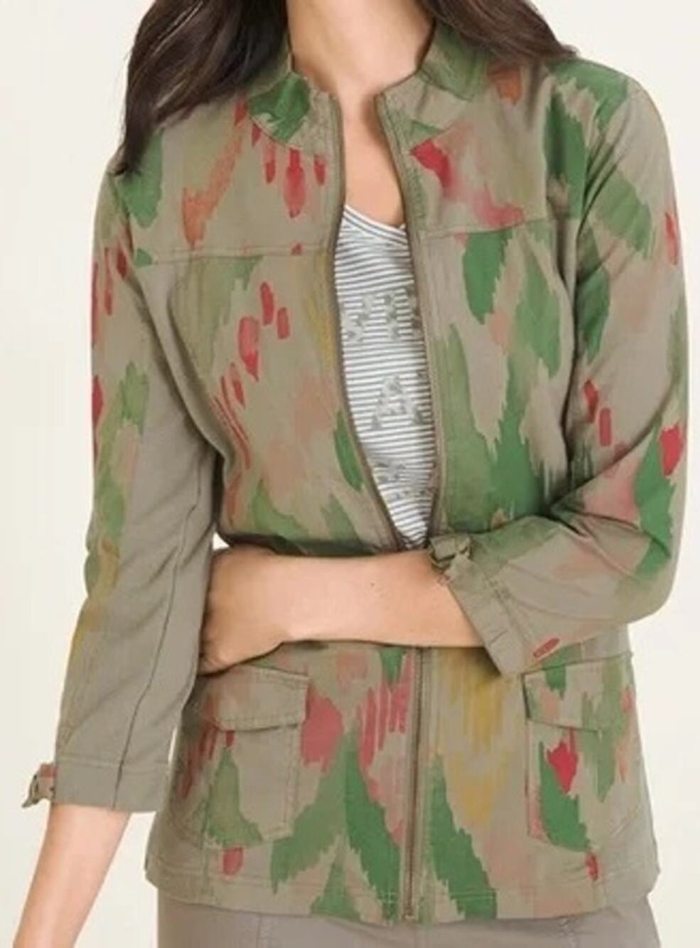 Chico's Zenergy Ikat Utility Camo 3/4 Sleeves Full Zip Shacket Jacket Size 1